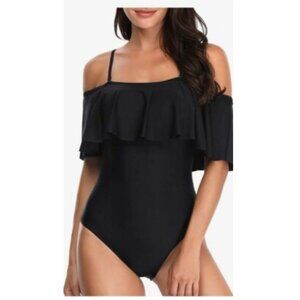 Albion Fit The Wave Black Ruffle Cold Shoulder Swimsuit Size XL EUC #5946